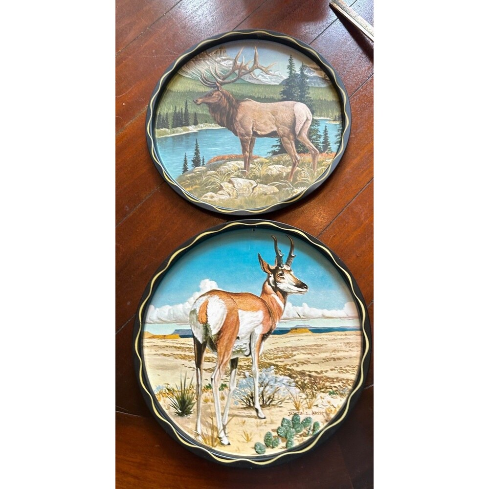 Lot Of 2 Vintage Rare Serving Tray Tin Wildlife “James L. Artig” Western Wall